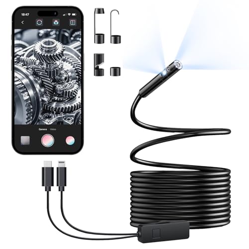 [Dual-Lens] Endoscope Camera with Light, 1920P HD Borescope with 8+1 Adjustable LED Lights, IP67 Waterproof Inspection Camera 16.5FT Semi-Rigid Snake Cord for iOS & Android (2 Interface)