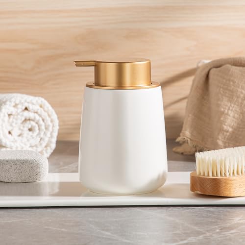 Image of Enra Foaming Soap Dispenser,12 oz Beige Ceramic Modern Foam Hand Soap Dispenser for Bathroom,Kitchen with Easy-to-Press Pump (White Foam Gold Pump)