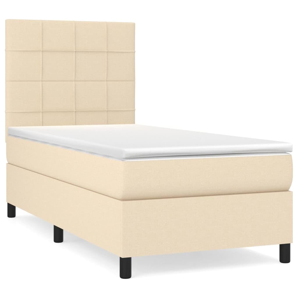 Cama con somier con colchón de 80 x 200 cm en tela crema y superficie de descanso de dureza media para un sueño reparador