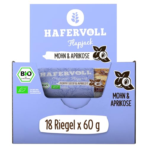 HAFERVOLL Organic Flapjack Poppy Seed & Apricot, 18 x 60 g Müsliriegel - Bio-zertifiziert, mit Honig ohne Zusatz von Zucker, Hafer, im Ofen gebacken