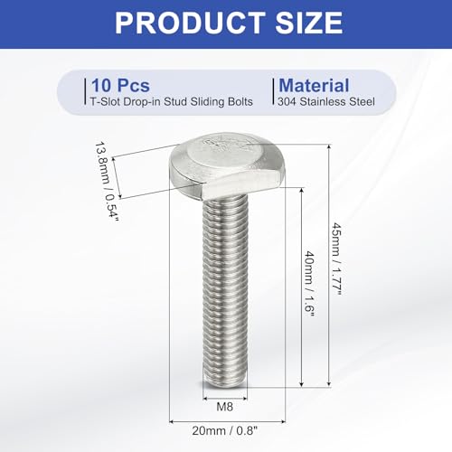 Image of PATIKIL M8 x 40 mm T Slot Bolts, 10 Pcs 304 Stainless Steel Drop-in Bolt T Shape Stud Sliding Screw Metric Thread Hammer Head Bolt for T Track, Silver