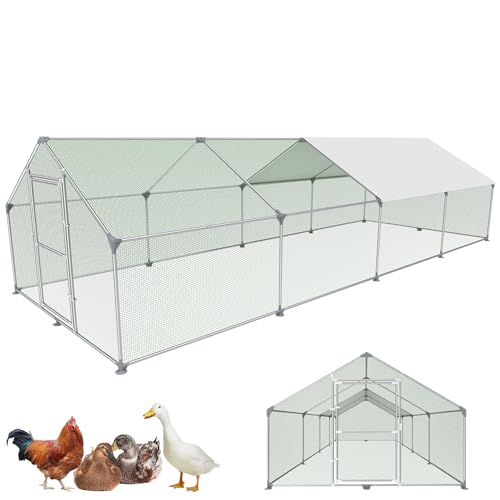 FIVMEN Recinto para gallineros, 3 x 8 x 2 m, metal, 24 m², jaulas de aves de corral con protección solar, techo, valla de pollo, puerta y cerrojo, establos estables para animales pequeños y plantas