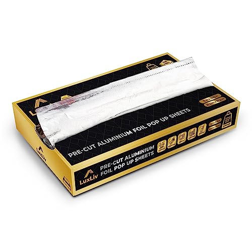 LuxLiv ® Hojas de aluminio precortadas resistentes de 18 micras de grosor, para cocina, catering, papel de aluminio para hamburguesas, 200 hojas