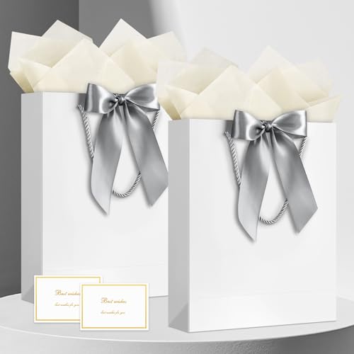 Image of JMANNI Gift Bag, 1PCS Gift Bags Large with Ribbon and 1 Greeting Cards 2 Tissue Paper, Portable Paper Gift Bag with Handles, Birthday Gift Bags,Present Bags for Wedding Party Mothers Day(PureWhite)