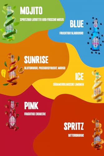 SALITOS MIX SET, 24 × 0,33l Glas Mehrwegflaschen, 6 Sorten je 4 (ICE, BLUE, PINK, MOJITO, SUNRISE, SPRITZ) – Perfekt für einen Abend mit seinen Freunden