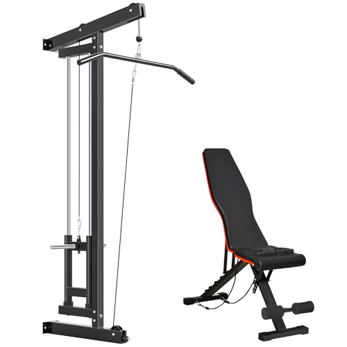 SPORTNOW Station Musculation Murales 2 Poulies + Banc de Musculation Pliable 6 Niveaux, Ensemble Gym Complet avec Barre de Traction, Rembourré, pour Fitness à Domicile, Acier, Noir