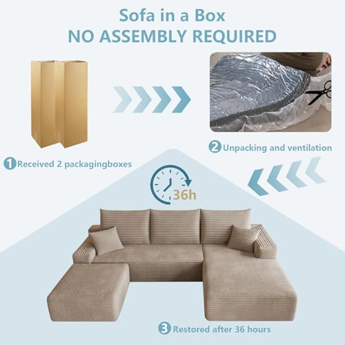 Image of 95 inch Cloud Sectional Couch with Ottoman,Modern U-Shaped Cloud Couch with Deep Seat,Comfy Corduroy Sofa,Memory Foam Sofa for Living Room,No Assembly (Camel,Right-Facing Chaise)