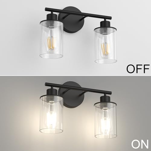 Image of Aipsun Black Vanity Light 2 Lights Farmhouse Bathroom Lights Fixtures Over Mirror with Clear Glass Shade(Exclude Bulb)