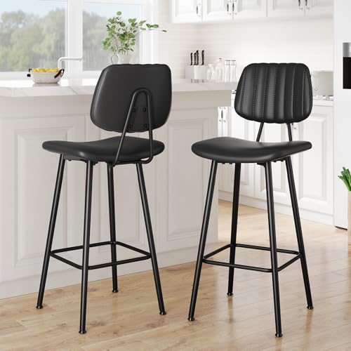 Image of Raynesys 29-Inch Leather Bar Stools Set of 2 with High Backrest, Black