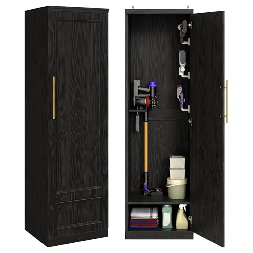 Homiflex Broom Closet Storage Cabinet 65 H Slim Utility Closet with Door and Shelf Tall Vacuum Storage Cabinet with Hooks for Cleaning Tool Broom Closet Organizer for Bathroom Garage Black