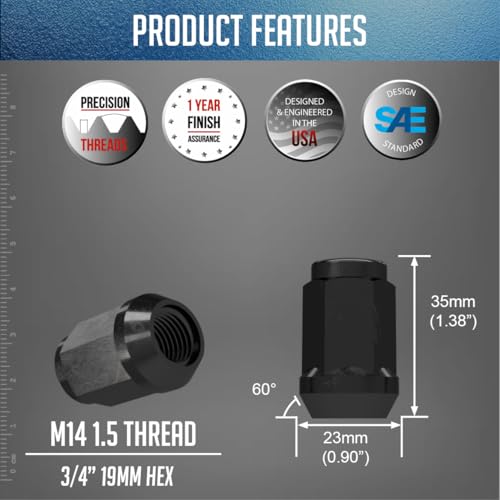 Wheel Accessories Parts 20 Pcs M14x1.5 14x1.5 Thread Bulge Acorn 1.4" Long Lug Nuts Black 3/4" 19mm Hex Fits Chevy Camaro Corvette ｜ Dodge Charger Challenger ｜ Ford Mustang ｜ Jeep Wrangler