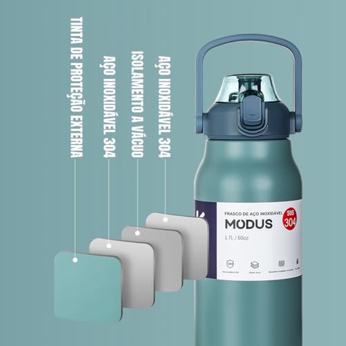 Garrafa Térmica Aço Inoxidável 1700ML Isolada a Vácuo Grande Capacidade Com Canudo (1700ML Verde)