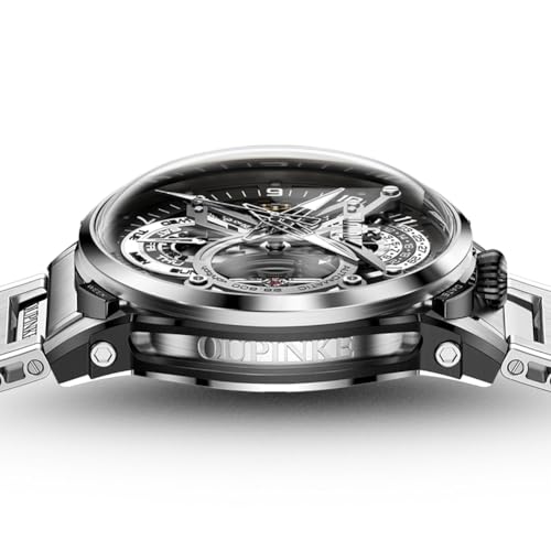 Image of OLEVS Automatic Men Watch Self Winding Mechanical Moon Phase Business Luxury Diamond Dress Stainless Steel Waterproof Luminous Mens Wrist Watch