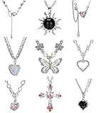 Sanfenly 9 Pcs Y2k Necklace Set Grunge Emo Goth Punk Gothic Chain Necklaces Fairy Aesthetic Egirl Alt Silver Cross Heart Star Sun Butterfly Choker Necklace For Women Men