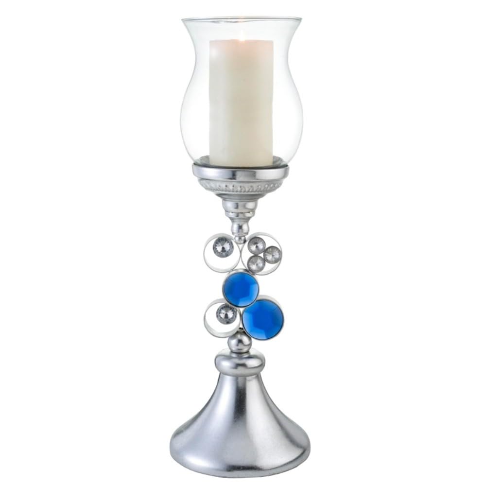 HomeRoots 468339 20.5 x 7 x 7 in. Silver & Blue Faux Crystal Bling Hurricane Candle Holder