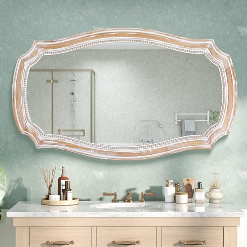 Image of 36x24 Inch Rustic Scalloped Wall Mirror, Distressed Wooden Beaded Mirrors | Horizontal or Vertical Display, HD Tempered Glass, Curved Edge Accent, for Bathroom Over Sink, Living Room, Entryway