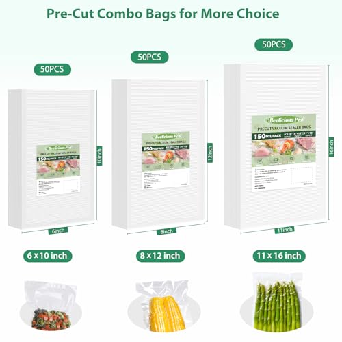 Image of Beelicious Pro Vacuum Sealer Bags for Food Storage 150 Gallon 11 inch x 16 inch and Quart 8 inch x 12 inch and Pint 6 inch x 10 inch, with BPA-Free, Commercial PreCut Vacuum Seal Bags for Sous Vide & Seal a Meal