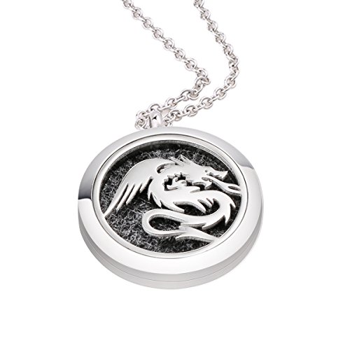 Giono Stainless Steel Pet Love Dragon Aromatherapy Essential Oil Diffuser Necklace Carving Locket Pendant,10 Felt Pads #TOP3