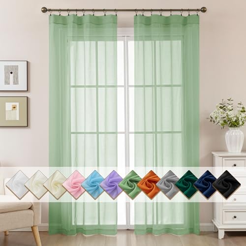 Image of Sage Green Sheer Curtains 84 Inches Long, Privacy Semi Sheer Curtains for Living Room Bedroom, Light Filtering Rod Pocket Voile Window Drapes 2 Panels Set, Each 42 inch W x 84 inch L