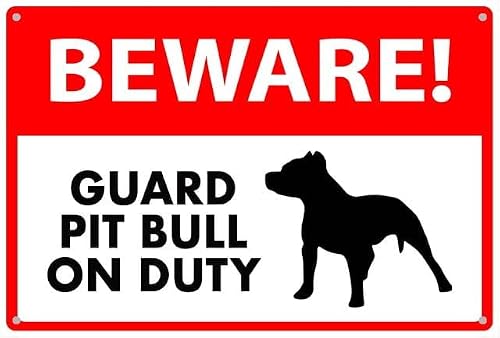 peiyeety Beware Guard Pitbull On Duty Aluminum Tin Sign for Home Kitchen Wall Decor 12X8Inch