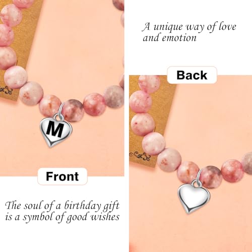 Initial Letter Birthday Graduation Gifts for Her, Adjustable Beaded Natural Stone Bracelet with Heart Charm for Daughter, Niece,Sister and Friend3