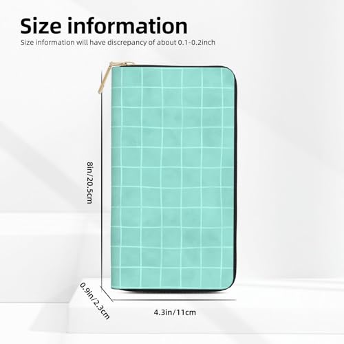 Mint Green Hand Drawn Grid Print Wallet Women Men, Long PU Leather Wallets for Women, Cute Womens Travel Wallet Purse Pouch with Zipper Pocket3