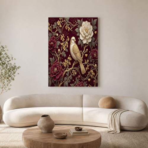 Impression sur toile haut de gamme style chinois vue moineau pivoine bordeaux