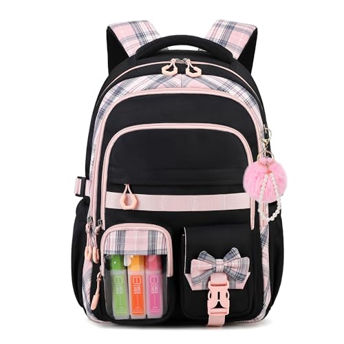 QIXIHU Girls Backpack 17-Inch Bookbag for Middle & Elementary School Kawaii Kids Backpack for Girls Ages 6-12(Black Pink)