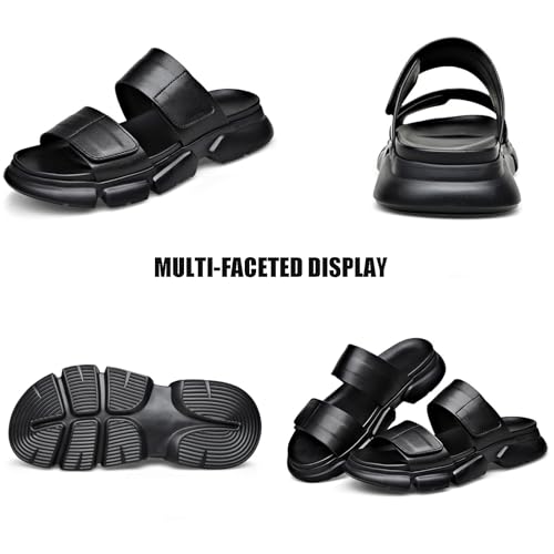 Men's Leather Slip-On Chunky Platform Non-Slip Sandals Fashion Round Open Toe Wide Double Strap Soft Bottom Slide Sandals Summer Walking Beach Slides4