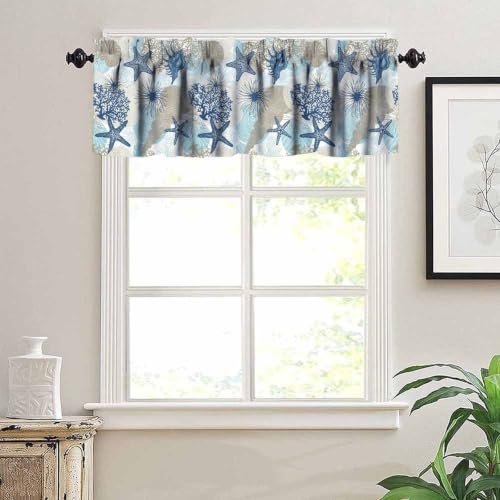 Image of Seashell Table Window Valance Curtain, Vintage Blue Coastal Nautical Corals Tropical Sea Beach Sealife Theme Window Treatment Valances for Home Kitchen Cafe Decor 54'x18', 1 Panel