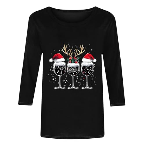 Ugly Christmas Sweater Women 3/4 Sleeve Glitter Red Wine Glass T-Shirts Tunic Tops Funny Santa Hat Party Tees Gifts4