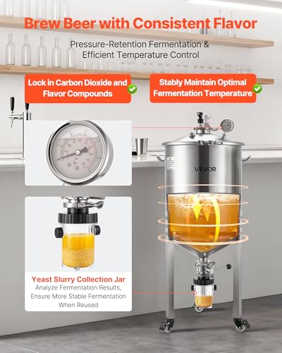 Image of VEVOR Pressure Fermenter 15 PSI, 16 Gal /60L All-in-One Stainless Steel Conical Secondary Fermentation Bucket, with Cooling Tube, Yeast Slurry Collection Bottle, for Wine, Beer Brewing Equipment