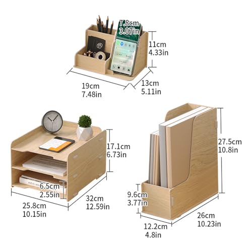 NUODWELL Wooden Desk Tidy Organiser Set -3 Tier Paper Letter Tray/A4 File Document Holder/Pen Holder - Image 2
