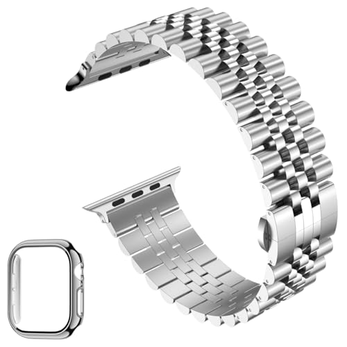 Image of baozai Compatible Apple Watch Bands 46mm 45mm 44mm 42mm 41mm 40mm 38mm, Stainless Steel Band with Screen Protector Case for Apple Watch Series 11 /10 /9 /8 /7 /6 /5 /4 /3 /2 /1 /SE3