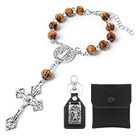 Rosenkranz Auto Innenraum, Holzperlen Gebetskette mit Rosenkranz & Kreuz als Rückspiegel Anhänger & Armband, Set mit Christopherus-Motiv Schlüsselanhänger & Samtbeutel, Geschenk für Männer Frauen
