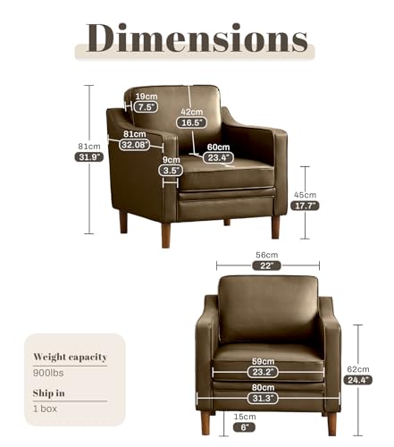 Image of Kingfun Accent Chair, Living Room Chairs, Faux Leather Reading Armchair, Mid Century with Solid Wood Foot, Upholstered Modern Decor for Bedroom, Apartment