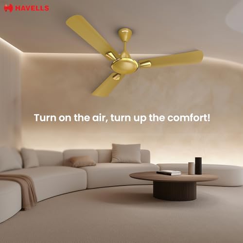 Image of Havells Quickair 1200mm Ceiling Fan, High-Speed, Energy Efficient & Silent Operation with Modern Design, Ideal for Bedrooms | 2 Years Manufacturer Warranty | Desert Gold