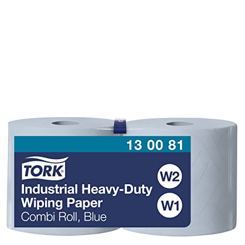Tork 130081 Papel de secado extra fuerte para la industria/2 paquetes/3 capas/Paños de papel compatibles con el sistema W1 y W2/Premium/2 bobinas x 119 m de largo/azul, 2 x 119 m