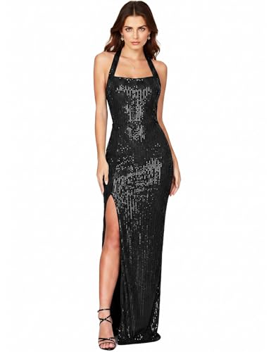 Zeflows Womens Halter Neck Sequin Backless Evening Dress High Slit Maxi Sparkling Formal Party Bodycon Dress Black-XL