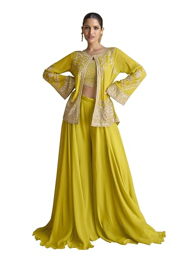 Image of TRENDMALLS Women's Georgette Embroidery Sequence Work Crop Top with Flared Palazzo and Shrug Set Ethnic Salwar Set