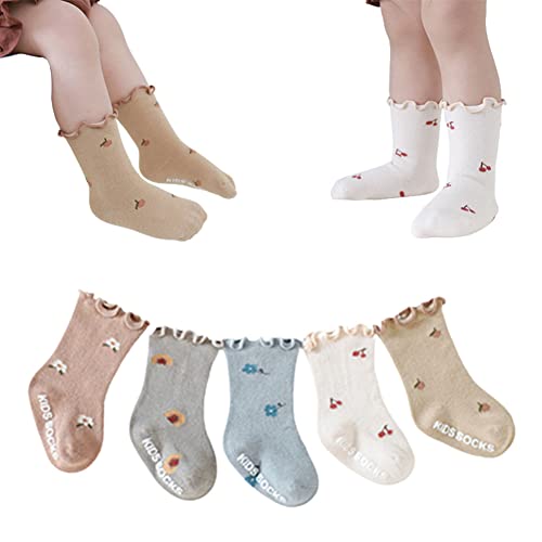 Image of WATOCHE Baby Toddler Girls Ruffle Socks Newborn Infant Girl's Knee High Solid Cotton Long Socks