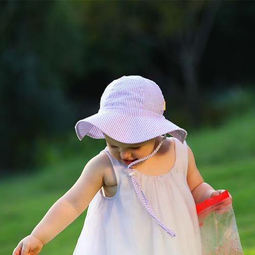 Image of Baby & Toddler Wide Brim Sun Hats UPF 50+ Sun Protection Bucket Cap Cute Adjustable Hat in Seersucker
