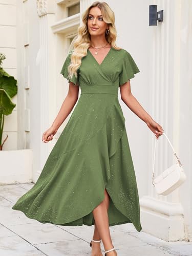 Image of Long Black Formal Dresses for Women Gowns Evening Party Cocktail Dress,Split Elegant V Neck Wrap Ruffle Wedding Guest Dresses