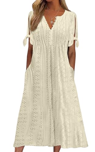 CheChury Vestidos Casual Mujer Verano Vestido Largos Vestido de Playa Cuello en V Boho Vestido Verano Bohemio Sueltos Vestidos A-Line con Bolsillos Manga Corta Vestido Vacaciones Vestido Elegante
