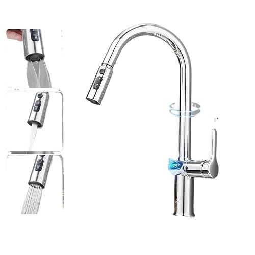 Jvddi Silver Pull-Out Kitchen Faucet Full Copper Digital Display Dishwasher Hot And Cold Rotating Sink Faucet(Silver)