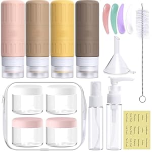 GLAMFIELDS Journey Bottles for Toiletries,TSA Accredited 3.3oz Measurement LeakProof Silicone Toiletry Containers for Shampoo, Conditioner,Straightforward to Squeeze，Transportable Journey Necessities for Lotion(18 Pack) Apricot