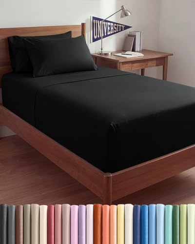 Image of Extra Deep Twin XL Sheet Set - 4 Piece Breathable & Cooling Sheets - Black | Hotel Luxury Bed Sheets Set, Easy & Secure Fit, Ultra-Soft, Wrinkle & Fade Free, Comfy Sheets Set with Extra Deep Pockets