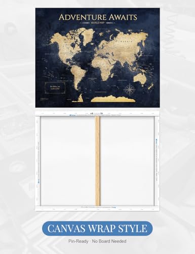 Image of IPIC - World Map Canvas Painting for Wall Decor, Pinnable Travel Map, 30 inch x 24 inch Blue and Gold