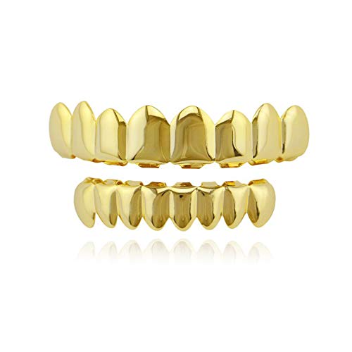 Grilles de Dents de Hip-hop d'or pour la Bouche Haut Bas,Grille de Dents Brillant our la Bouche Top Bottom,Avec 2 Barres de Moulage en Silicone de qualité Alimentaire, Cadeau pour Rappeur,Halloween