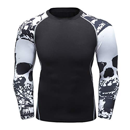 Fanii Quare Men's Soft Fit Long Sleeve Workout Rashguard Cool Dry Compression Fitness Shirt Black Skull L